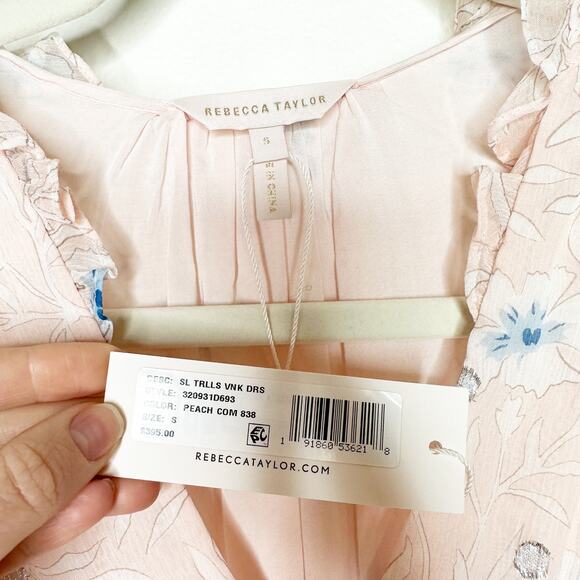 Rebecca Taylor NWT Peach Silk V-Neck Floral Smocked Flutter Sleeve Mini Dress - Picture 5 of 6